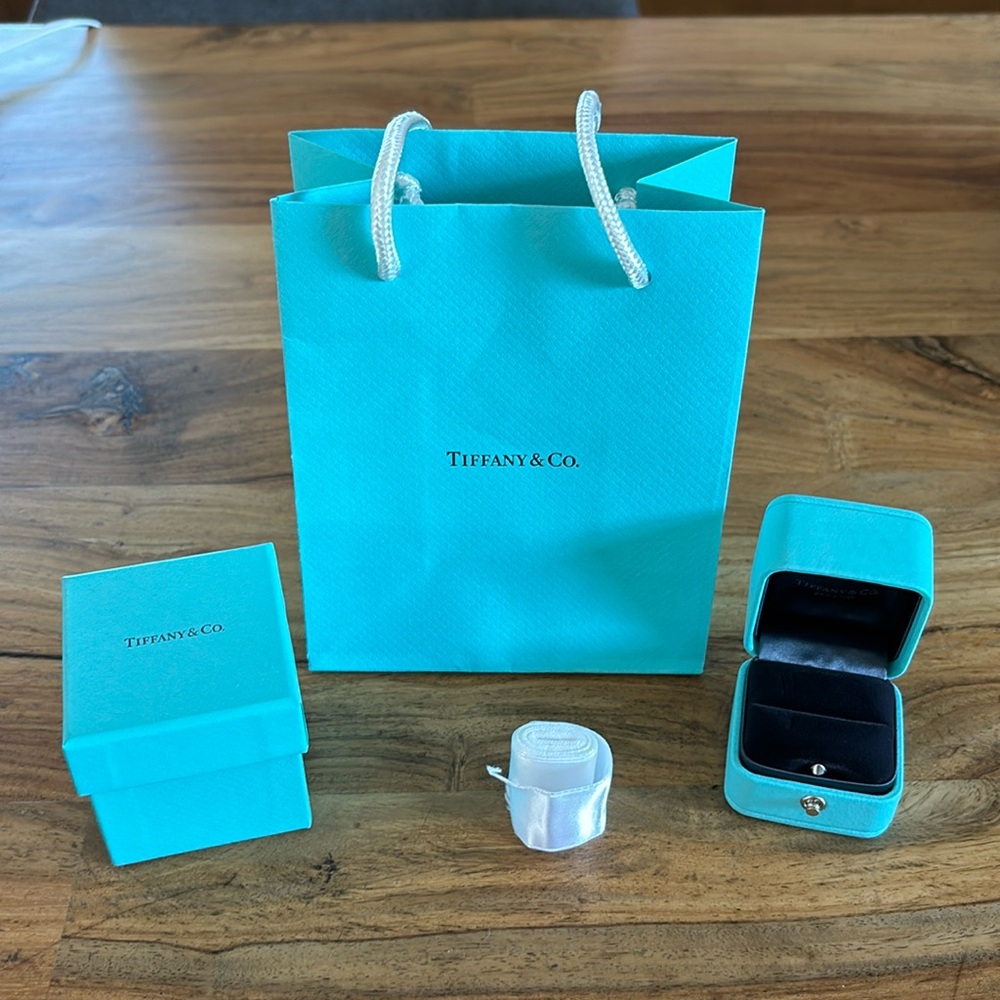 Tiffany &Co. Leather Ring Box, Ribbon and Bag